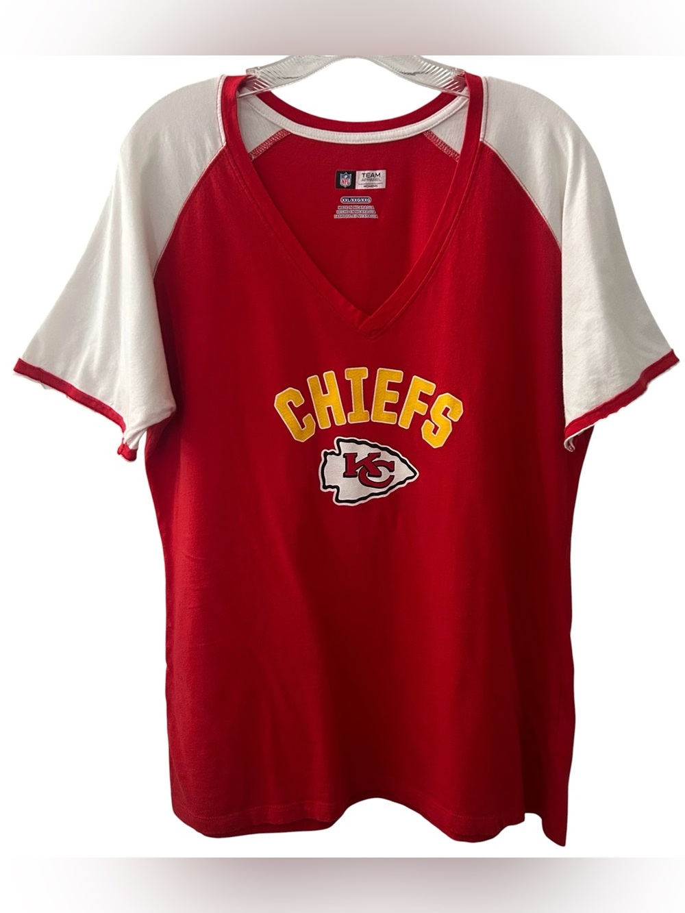 Kansas City Chiefs Women’s XXL V-Neck T-Shirt Red White Raglan NFL Team Apparel